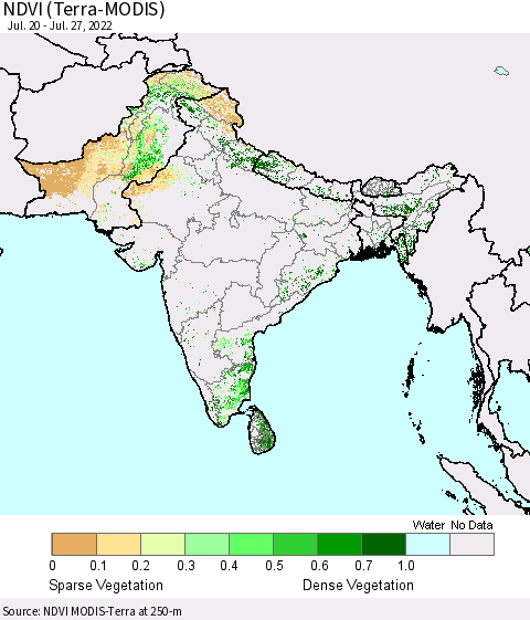 Southern Asia NDVI (Terra-MODIS) Thematic Map For 7/20/2022 - 7/27/2022