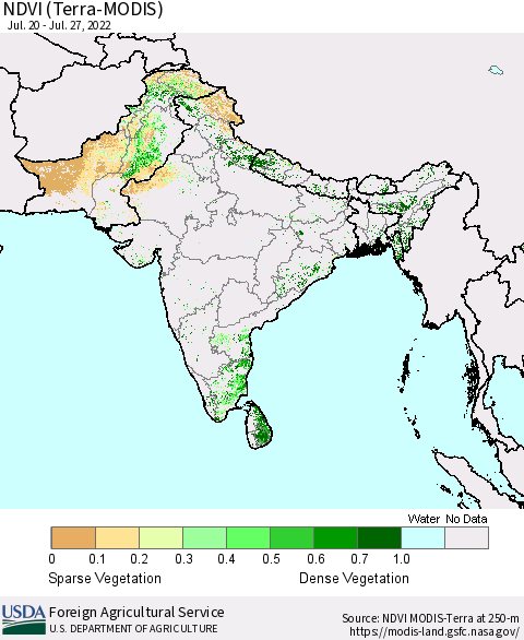 Southern Asia NDVI (Terra-MODIS) Thematic Map For 7/21/2022 - 7/31/2022