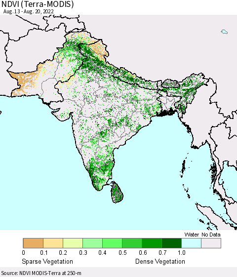 Southern Asia NDVI (Terra-MODIS) Thematic Map For 8/11/2022 - 8/20/2022