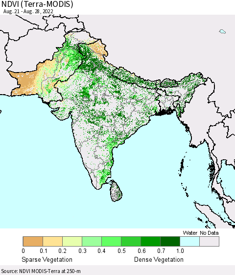 Southern Asia NDVI (Terra-MODIS) Thematic Map For 8/21/2022 - 8/28/2022