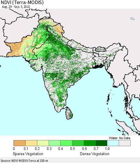 Southern Asia NDVI (Terra-MODIS) Thematic Map For 8/29/2022 - 9/5/2022