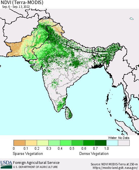 Southern Asia NDVI (Terra-MODIS) Thematic Map For 9/11/2022 - 9/20/2022