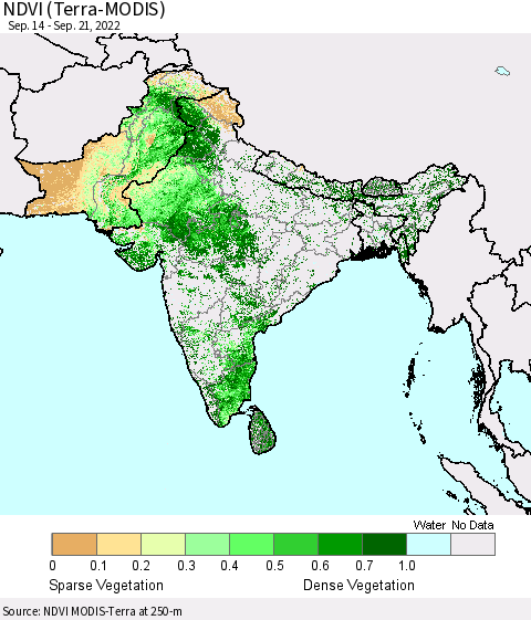 Southern Asia NDVI (Terra-MODIS) Thematic Map For 9/14/2022 - 9/21/2022