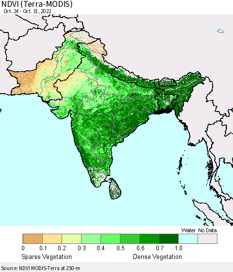 Southern Asia NDVI (Terra-MODIS) Thematic Map For 10/21/2022 - 10/31/2022
