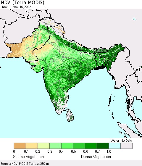 Southern Asia NDVI (Terra-MODIS) Thematic Map For 11/9/2022 - 11/16/2022