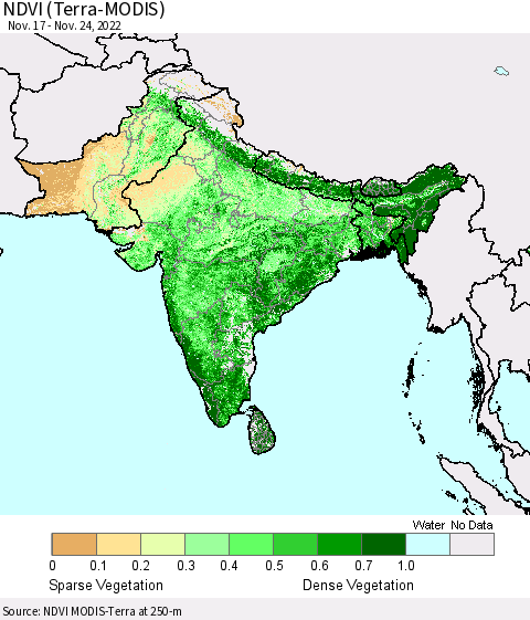 Southern Asia NDVI (Terra-MODIS) Thematic Map For 11/17/2022 - 11/24/2022