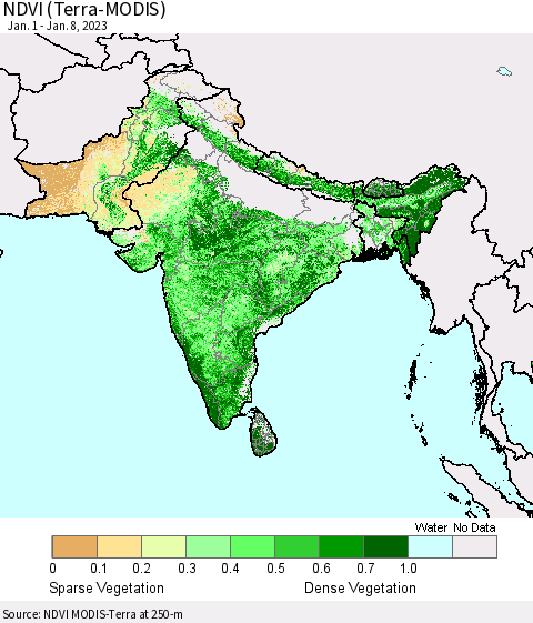 Southern Asia NDVI (Terra-MODIS) Thematic Map For 1/1/2023 - 1/8/2023