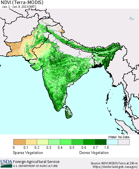 Southern Asia NDVI (Terra-MODIS) Thematic Map For 1/1/2023 - 1/10/2023
