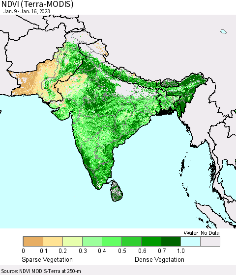 Southern Asia NDVI (Terra-MODIS) Thematic Map For 1/9/2023 - 1/16/2023
