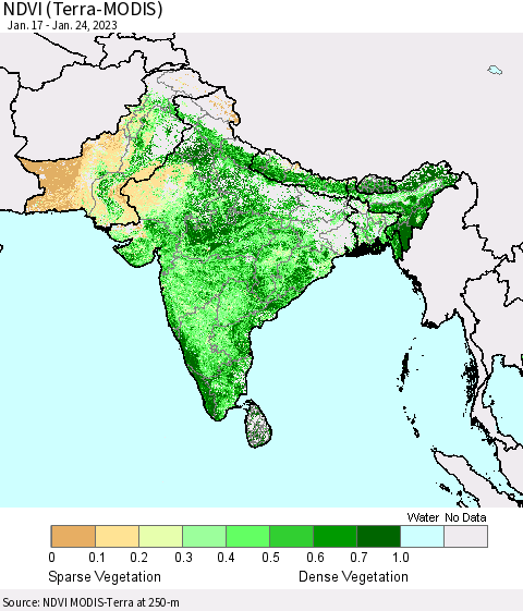 Southern Asia NDVI (Terra-MODIS) Thematic Map For 1/17/2023 - 1/24/2023