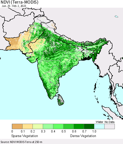 Southern Asia NDVI (Terra-MODIS) Thematic Map For 1/25/2023 - 2/1/2023