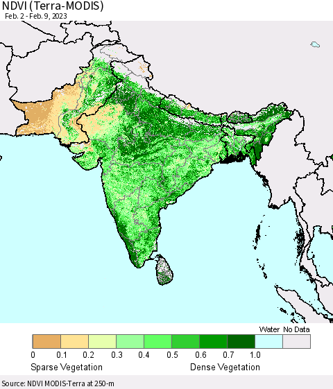 Southern Asia NDVI (Terra-MODIS) Thematic Map For 2/2/2023 - 2/9/2023