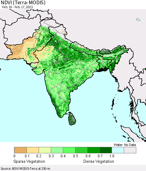 Southern Asia NDVI (Terra-MODIS) Thematic Map For 2/10/2023 - 2/17/2023