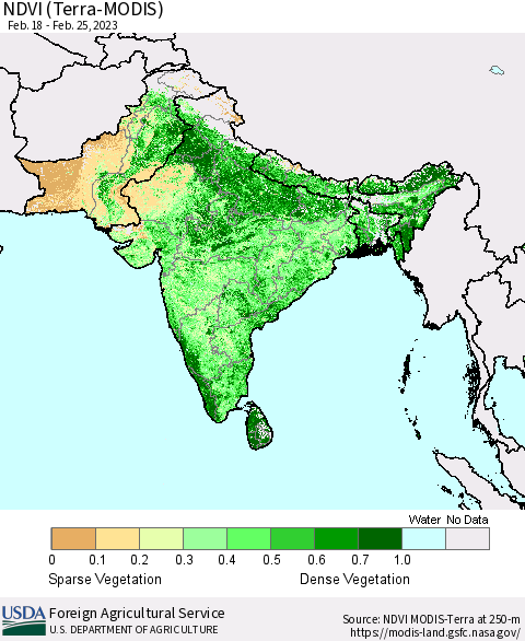 Southern Asia NDVI (Terra-MODIS) Thematic Map For 2/21/2023 - 2/28/2023
