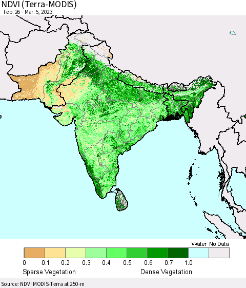 Southern Asia NDVI (Terra-MODIS) Thematic Map For 2/26/2023 - 3/5/2023