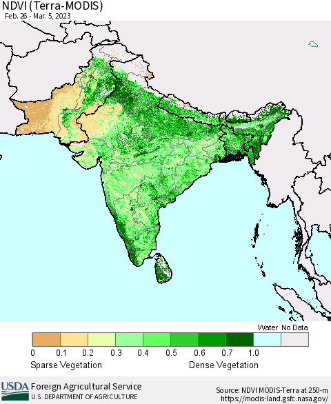 Southern Asia NDVI (Terra-MODIS) Thematic Map For 3/1/2023 - 3/10/2023