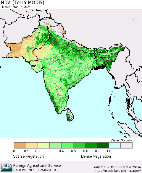 Southern Asia NDVI (Terra-MODIS) Thematic Map For 3/11/2023 - 3/20/2023