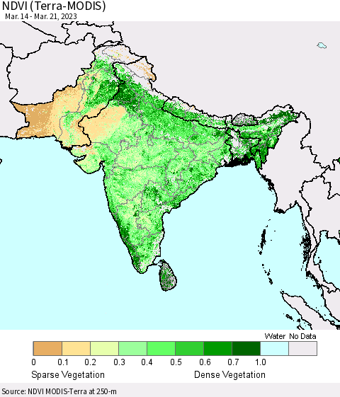 Southern Asia NDVI (Terra-MODIS) Thematic Map For 3/14/2023 - 3/21/2023