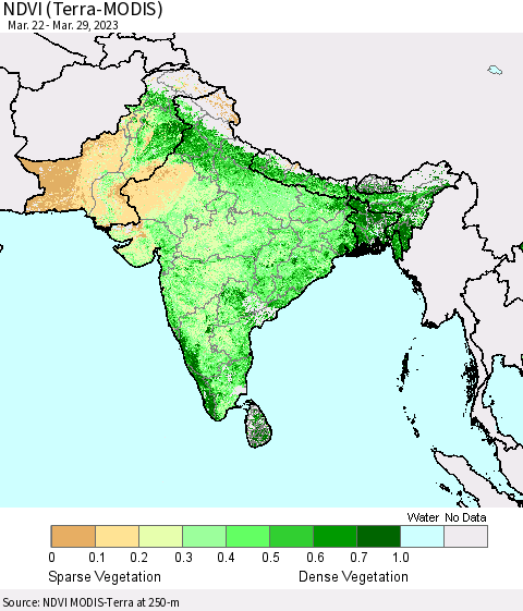 Southern Asia NDVI (Terra-MODIS) Thematic Map For 3/22/2023 - 3/29/2023