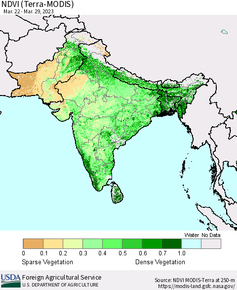 Southern Asia NDVI (Terra-MODIS) Thematic Map For 3/21/2023 - 3/31/2023
