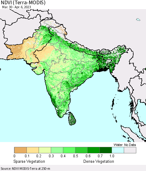 Southern Asia NDVI (Terra-MODIS) Thematic Map For 3/30/2023 - 4/6/2023