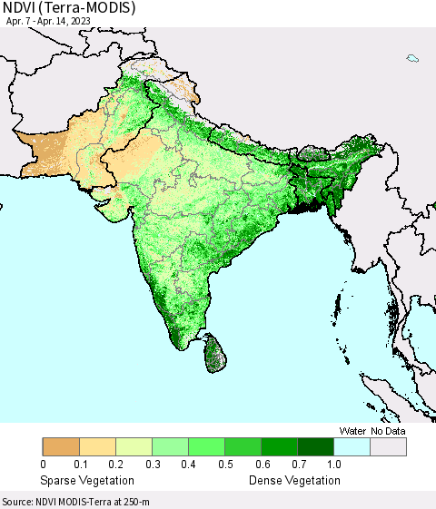 Southern Asia NDVI (Terra-MODIS) Thematic Map For 4/7/2023 - 4/14/2023