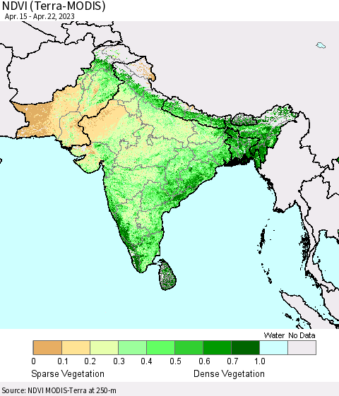 Southern Asia NDVI (Terra-MODIS) Thematic Map For 4/15/2023 - 4/22/2023