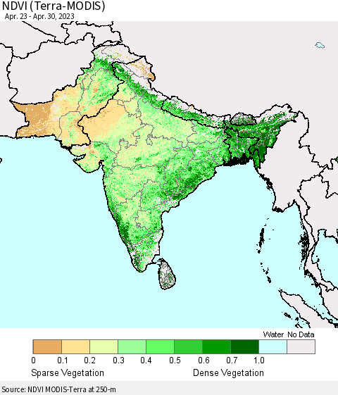 Southern Asia NDVI (Terra-MODIS) Thematic Map For 4/21/2023 - 4/30/2023