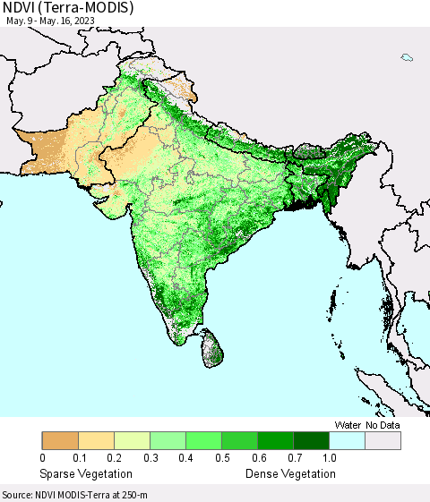 Southern Asia NDVI (Terra-MODIS) Thematic Map For 5/9/2023 - 5/16/2023