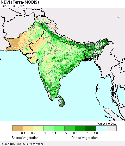 Southern Asia NDVI (Terra-MODIS) Thematic Map For 6/2/2023 - 6/9/2023