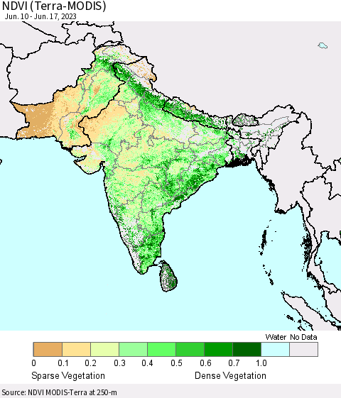 Southern Asia NDVI (Terra-MODIS) Thematic Map For 6/10/2023 - 6/17/2023