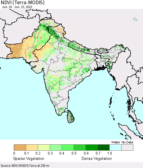 Southern Asia NDVI (Terra-MODIS) Thematic Map For 6/18/2023 - 6/25/2023