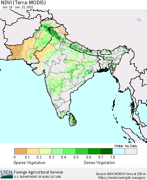 Southern Asia NDVI (Terra-MODIS) Thematic Map For 6/21/2023 - 6/30/2023