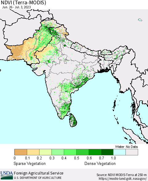 Southern Asia NDVI (Terra-MODIS) Thematic Map For 7/1/2023 - 7/10/2023