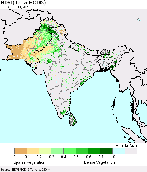Southern Asia NDVI (Terra-MODIS) Thematic Map For 7/4/2023 - 7/11/2023