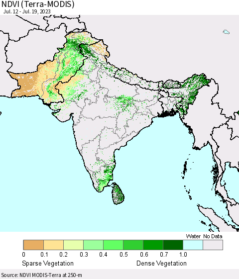Southern Asia NDVI (Terra-MODIS) Thematic Map For 7/12/2023 - 7/19/2023