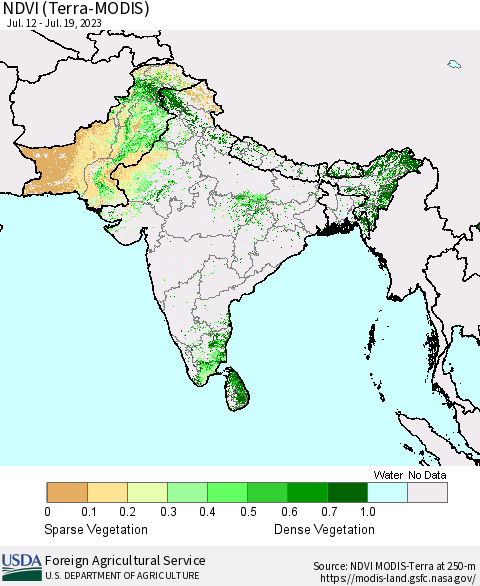 Southern Asia NDVI (Terra-MODIS) Thematic Map For 7/11/2023 - 7/20/2023