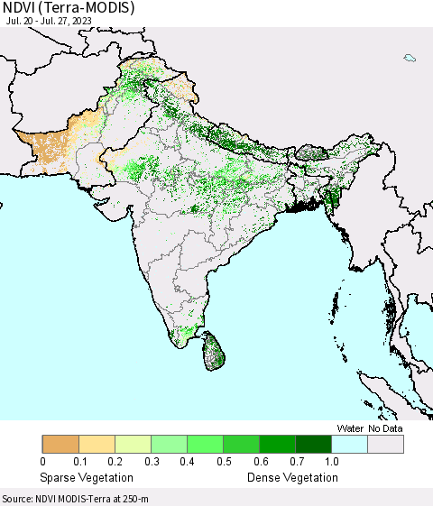 Southern Asia NDVI (Terra-MODIS) Thematic Map For 7/20/2023 - 7/27/2023