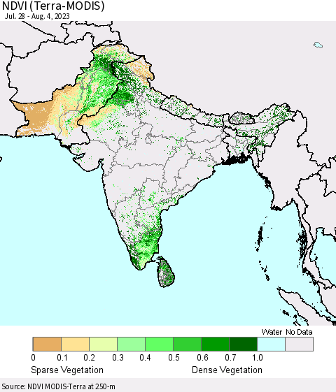 Southern Asia NDVI (Terra-MODIS) Thematic Map For 7/28/2023 - 8/4/2023