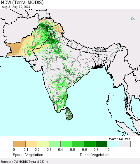 Southern Asia NDVI (Terra-MODIS) Thematic Map For 8/5/2023 - 8/12/2023