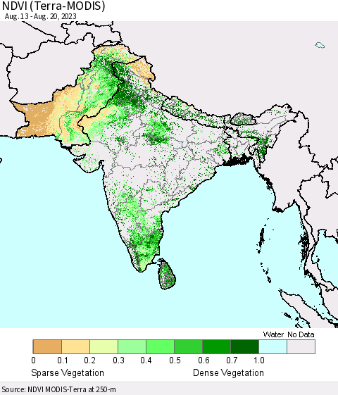 Southern Asia NDVI (Terra-MODIS) Thematic Map For 8/13/2023 - 8/20/2023