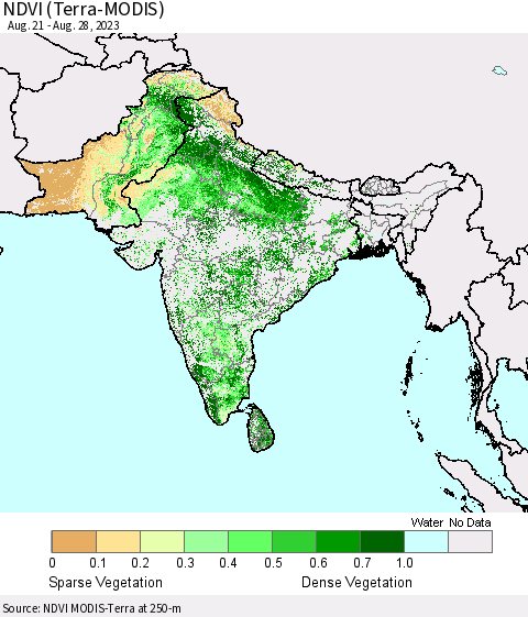 Southern Asia NDVI (Terra-MODIS) Thematic Map For 8/21/2023 - 8/28/2023