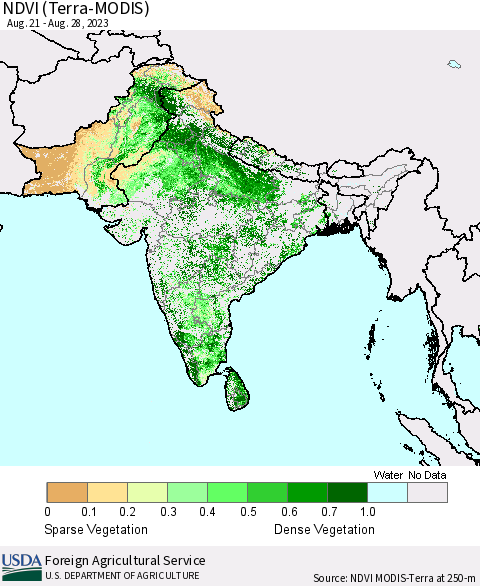 Southern Asia NDVI (Terra-MODIS) Thematic Map For 8/21/2023 - 8/31/2023