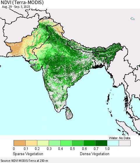 Southern Asia NDVI (Terra-MODIS) Thematic Map For 8/29/2023 - 9/5/2023