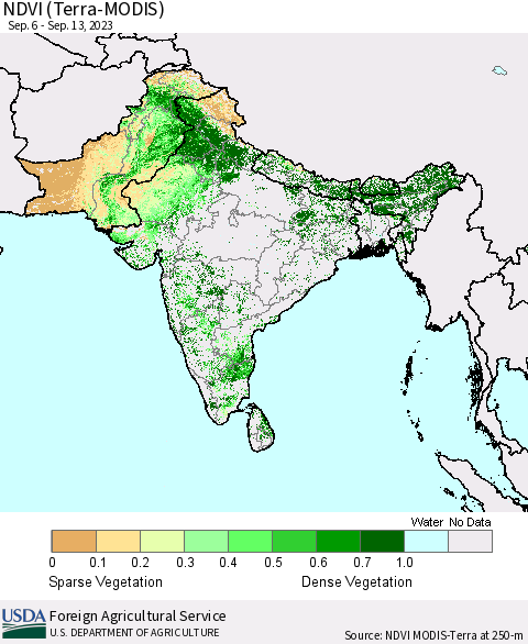 Southern Asia NDVI (Terra-MODIS) Thematic Map For 9/11/2023 - 9/20/2023