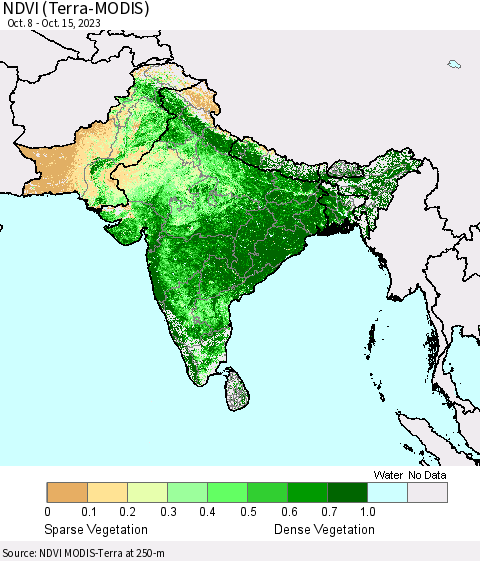 Southern Asia NDVI (Terra-MODIS) Thematic Map For 10/8/2023 - 10/15/2023