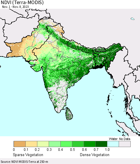 Southern Asia NDVI (Terra-MODIS) Thematic Map For 11/1/2023 - 11/8/2023