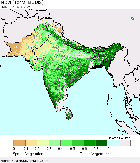 Southern Asia NDVI (Terra-MODIS) Thematic Map For 11/9/2023 - 11/16/2023