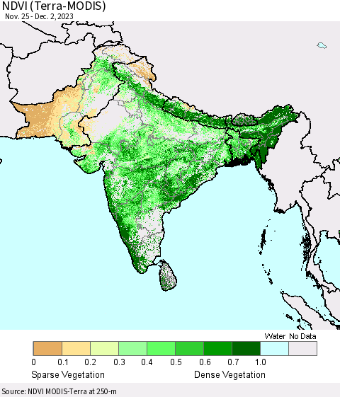 Southern Asia NDVI (Terra-MODIS) Thematic Map For 11/25/2023 - 12/2/2023