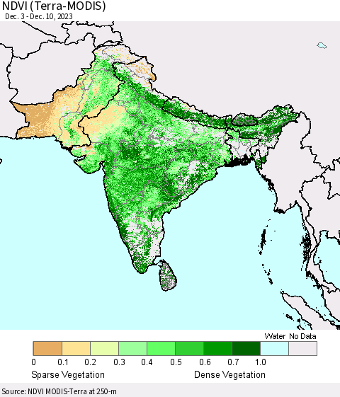 Southern Asia NDVI (Terra-MODIS) Thematic Map For 12/3/2023 - 12/10/2023